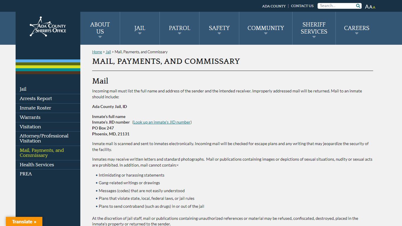Mail, Payments, and Commissary - Ada County Sheriff